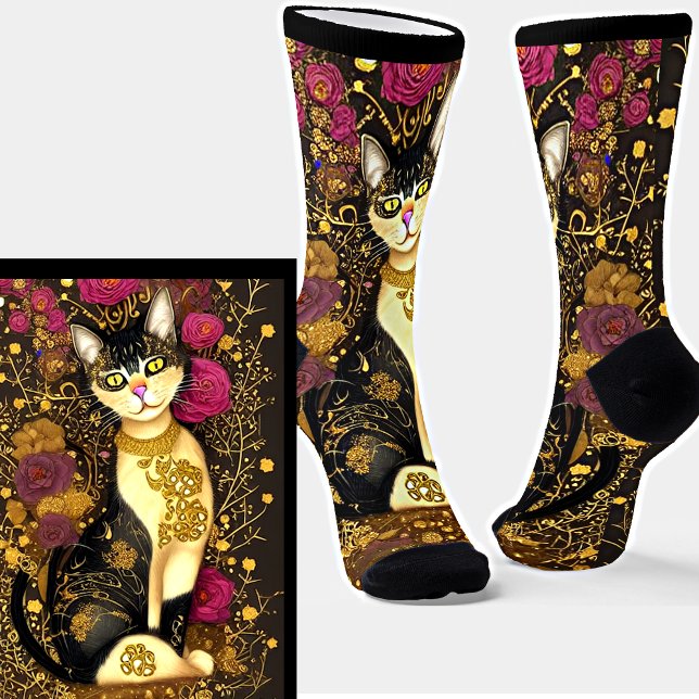 Cat with Gold Collar & Dark Pink Flowers     Socks (Creator Uploaded)
