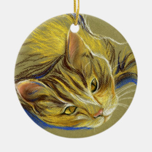 Cat with Gold Eyes - Pastel Drawing Ceramic Tree Decoration