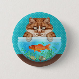 Cat with Goldfish Bowl Funny Hungry Grinning Kitty 6 Cm Round Badge