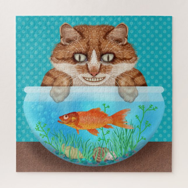 Cat with Goldfish Bowl Funny Hungry Grinning Kitty Jigsaw Puzzle (Vertical)