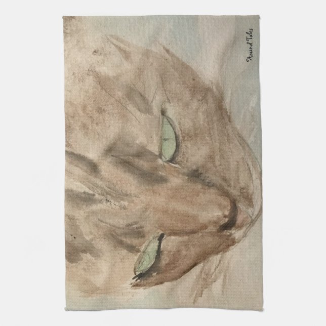 Cat with Green eyes Tea Towel (Vertical)