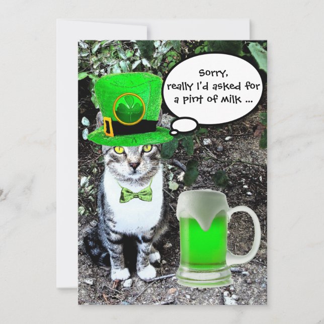CAT WITH GREEN IRISH BEER ST PATRICK'S DAY PARTY INVITATION (Front)