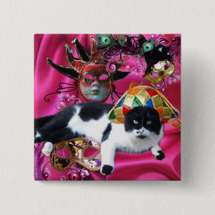 CAT WITH HARLEQUIN HAT AND MASQUERADE PARTY MASKS 15 CM SQUARE BADGE