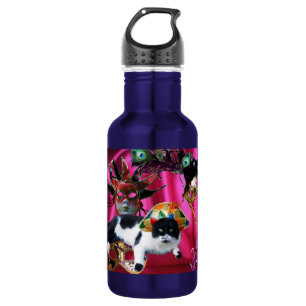 CAT WITH HARLEQUIN HAT AND MASQUERADE PARTY MASKS 532 ML WATER BOTTLE