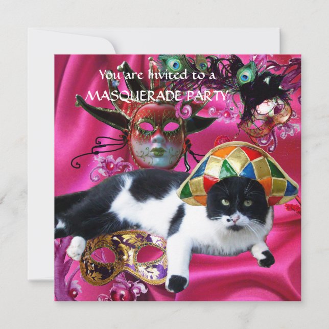 CAT WITH HARLEQUIN HAT AND MASQUERADE PARTY MASKS INVITATION (Front)