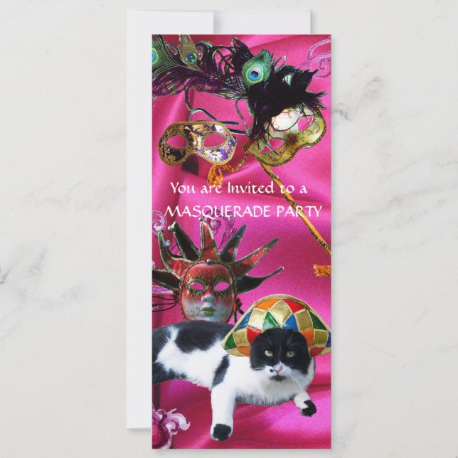 CAT WITH HARLEQUIN HAT AND MASQUERADE PARTY MASKS INVITATION (Front)
