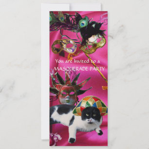 CAT WITH HARLEQUIN HAT AND MASQUERADE PARTY MASKS INVITATION