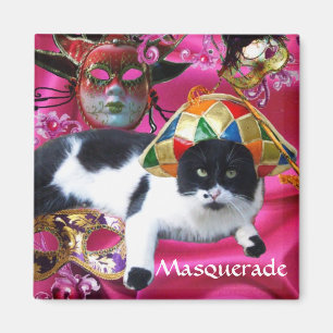 CAT WITH HARLEQUIN HAT AND MASQUERADE PARTY MASKS MAGNET