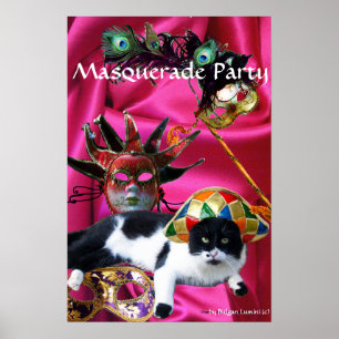 CAT WITH HARLEQUIN HAT AND MASQUERADE PARTY MASKS POSTER