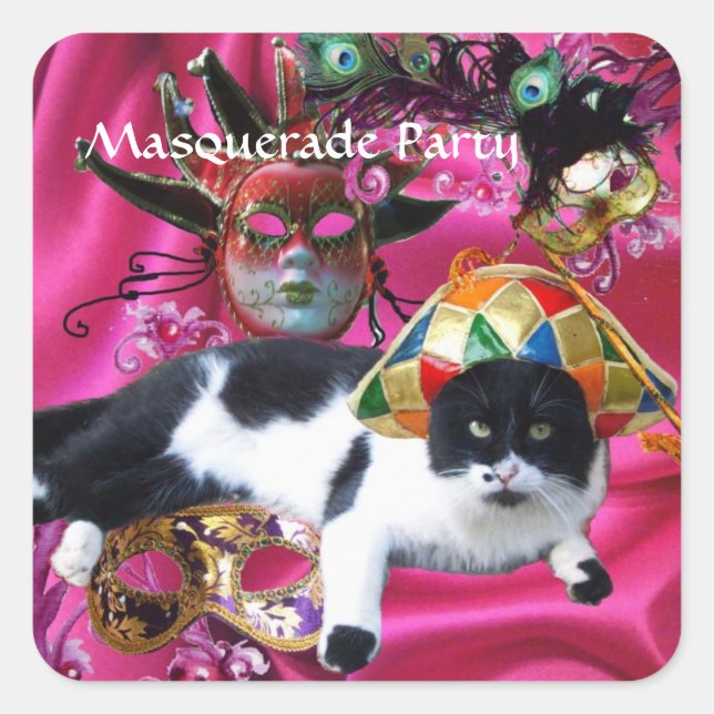 CAT WITH HARLEQUIN HAT AND MASQUERADE PARTY MASKS SQUARE STICKER (Front)
