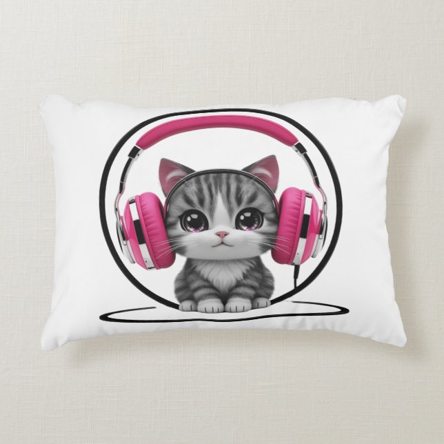 Cat  with headphones decorative cushion (Front)