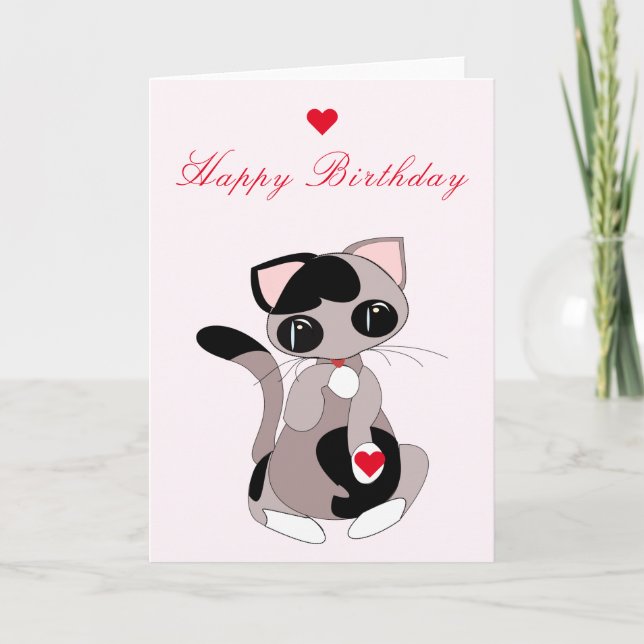 Cat with Heart Gift Birthday Card with Custom Text (Front)