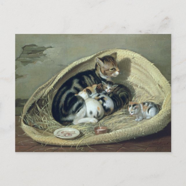 Cat with Her Kittens in a Basket, 1797 Postcard (Front)