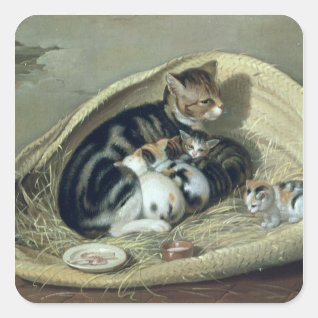 Cat with Her Kittens in a Basket, 1797 Square Sticker (Front)