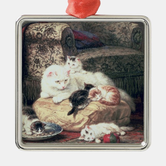 Cat with her Kittens on a Cushion Metal Tree Decoration (Front)