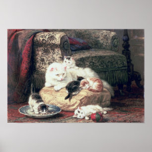 Cat with her Kittens on a Cushion Poster