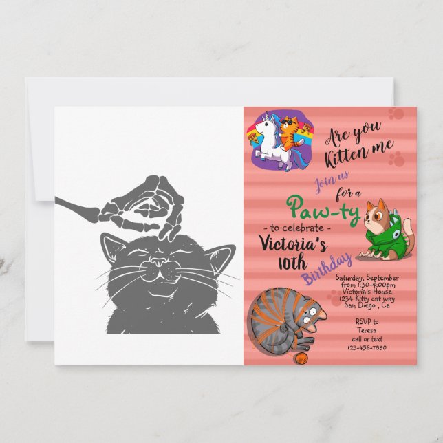 Cat with human skeleton hand - Choose back colour Invitation (Front)