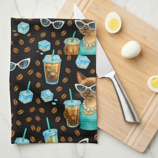 Cat with Ice Coffee for Siamese Cat Lovers Tea Towel (Quarter Fold)