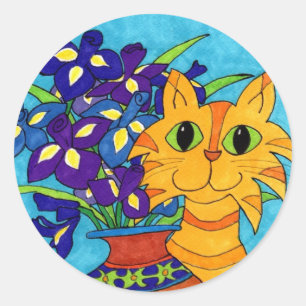 Cat with Irises in Talavera Vase Classic Round Sticker