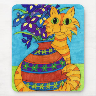Cat with Irises in Talavera Vase Mouse Mat