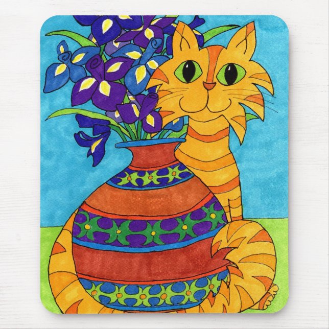 Cat with Irises in Talavera Vase Mouse Mat (Front)