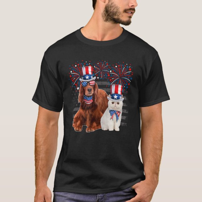 Cat With Irish Setter Sunglasses American Flag 4th T-Shirt (Front)