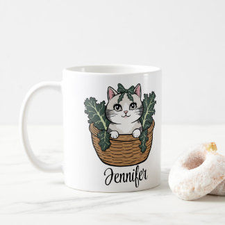 Cat with Kale in Basket Personalised name  Coffee Mug