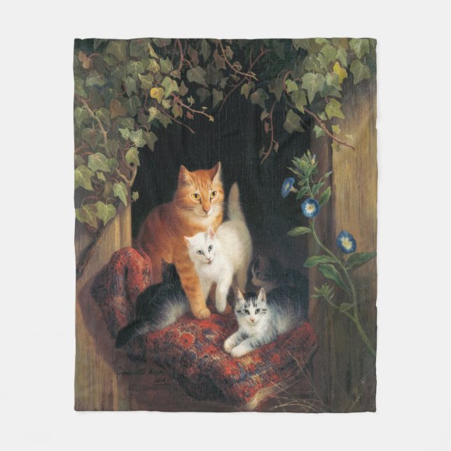 Cat With Kittens (Animal Art) Fleece Blanket (Front)