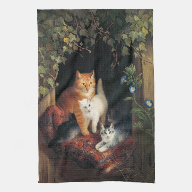 Cat With Kittens (Animal Art) Tea Towel (Vertical)