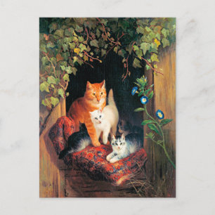 Cat with Kittens, fine art painting, Postcard