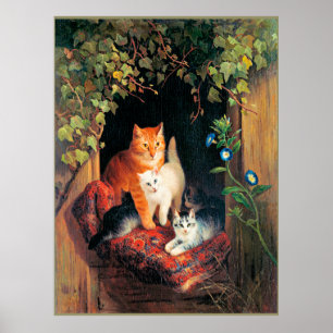 Cat with Kittens, fine art painting, Poster