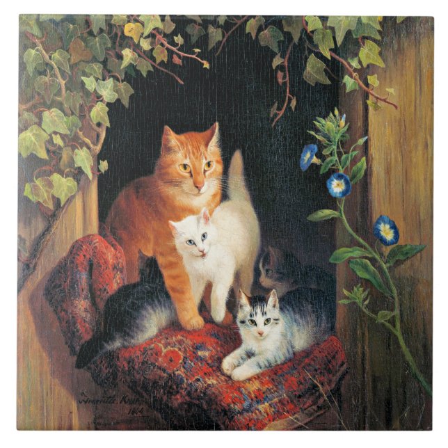 Cat with Kittens, fine art painting, Tile (Front)
