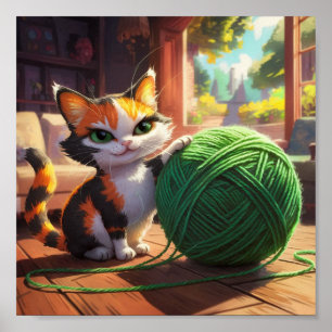 Cat with knitting yarn poster