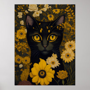 Cat with large eyes in front of flowers poster