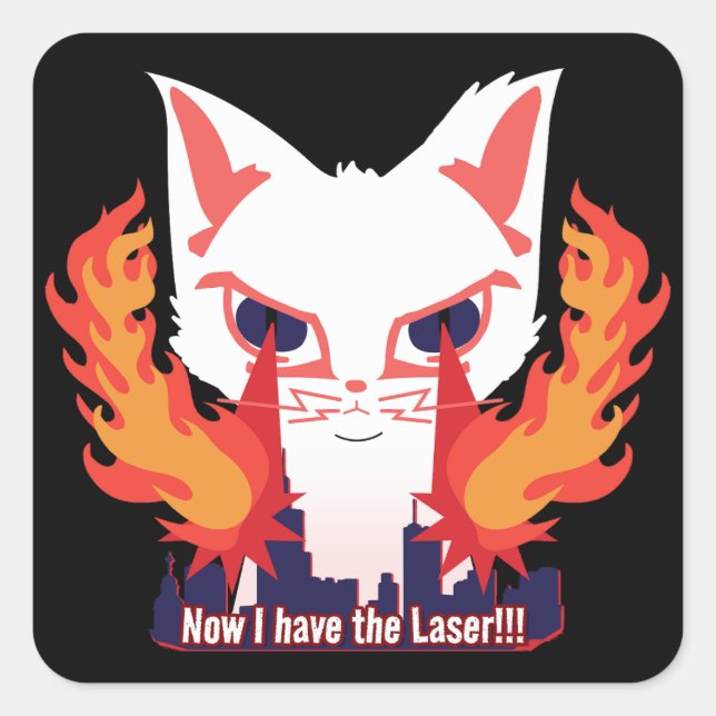 Cat with laser eyes burning down the city square sticker (Front)
