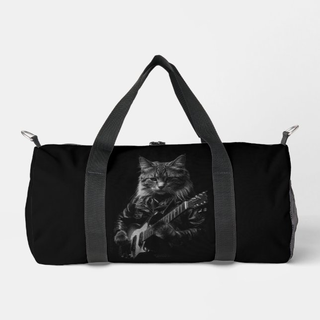 Cat with leather Jacket playing electric guitar  Duffle Bag (Front)