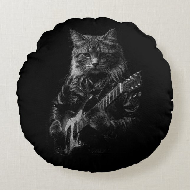 Cat with leather Jacket playing electric guitar  Round Cushion (Front)