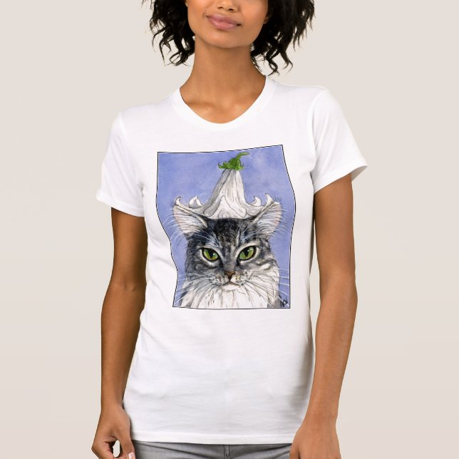 Cat with Lily Hat on Blue background tee shirt (Front)