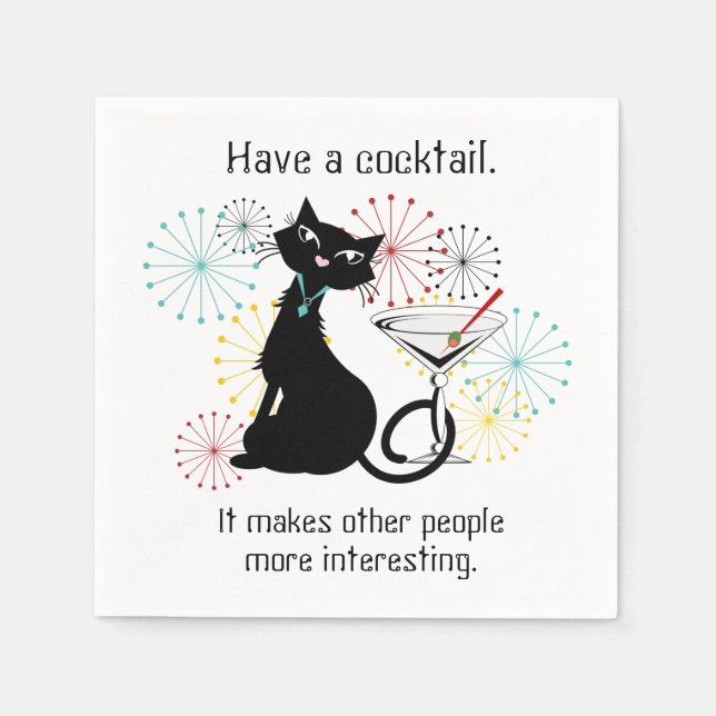 Cat with Martini Glass Paper Napkin (Front)