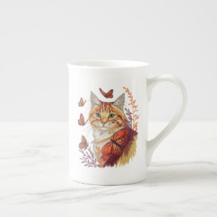 Cat with Monarch Butterflies Bone China Mug