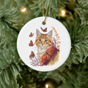 Cat with Monarch Butterflies Ceramic Tree Decoration