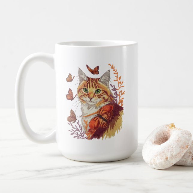 Cat with Monarch Butterflies Coffee Mug (With Donut)