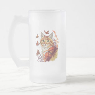 Cat with Monarch Butterflies Frosted Glass Beer Mug