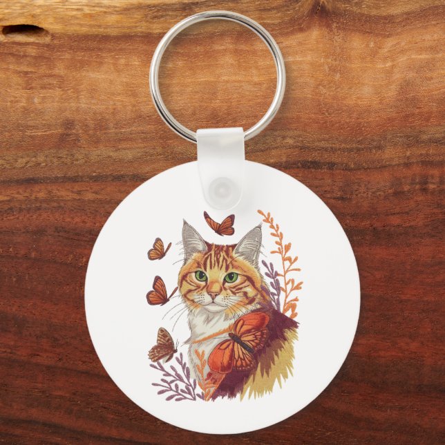 Cat with Monarch Butterflies Key Ring (Front)
