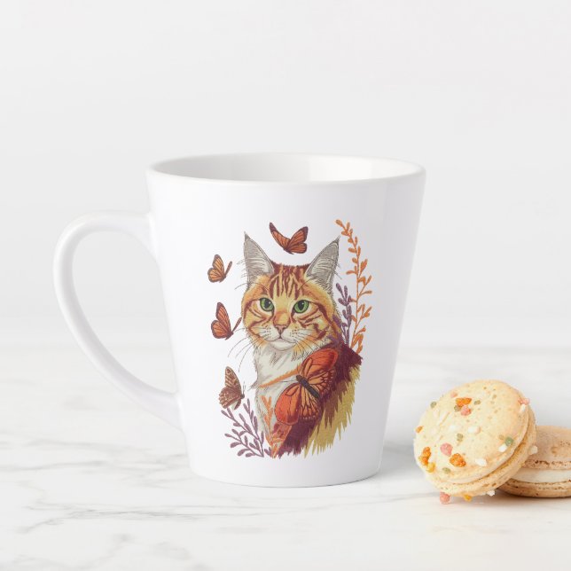 Cat with Monarch Butterflies Latte Mug (In Situ)
