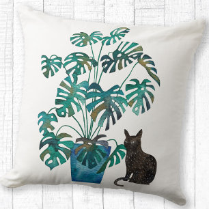 Cat with Monstera Plant Watercolor Cushion