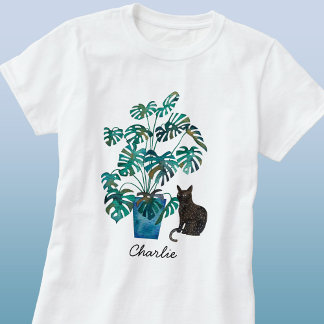 Cat with Monstera Plant Watercolor Personalised T-Shirt