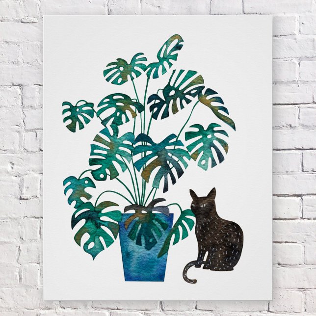 Cat with Monstera Plant Watercolor Poster (Black cat with monstera swiss cheese plant watercolor poster)