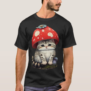 Cat with Mushroom Hat Cute Cottage Core Aesthetic  T-Shirt