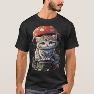 Cat with Mushroom Hat Cute Cottage Core Aesthetic  T-Shirt